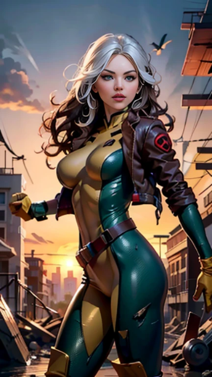 Elisha Cuthbert、Wet、full body figure, long hair, brown hair, green eyes, lipstick, compensate, lips,Emphasize cleavage、 sexy、White stripes in hair, like, wavy hair, messy hair, curly hair, middle～big breasts, Surface Plot, ((Kelli Berglund:Bailee Madison:0.5)), 黄colorのスーツ, Jacket, gloves, belt, gloves amarillos, Green Suit, (body suit:1.4), Traje multicolor, (superhero:1.4), tight skin, Ropa multicolor, Garden and wisteria background, official art, extremely detailed CG 8k wallpaper, perfect lighting, De color, bright_amount_method_light, piel bright, (masterpiece:1.0), (Better_quality:1.0), ultra high resolution, 4k , Super detailed, director of photography, 8k, HDR, Altas Resolightones, (disorganized:1.2), kodak portrait 400, film grain, blurred background, (Bokeh:1.2), Lens flare, (lively_color:1.2), professional photography, (beautiful_method:1.5),More detailed 8K.unreal engine:1.4,Hmm,La Better calidad:1.4, realistic:1.4, skin temperature:1.4, masterpiece:1.8,masterpiece, Better calidad,object object], (detailed facial features:1.3),(Antesedentes apocalyptic destroyed city:1.4), (Apocalyptic Sunset:1.4)