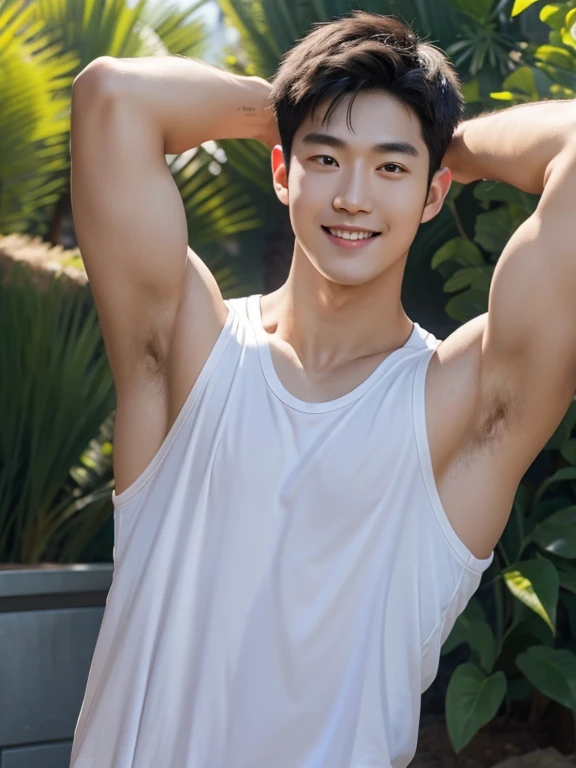 a man , arms up behind , tank top , black short hair , shirtless , outdoor , adorable smile , realistic handsome Korean face , modest muscles , masterpiece、A high resolution、hyperrealism、detailed face、solo、a men、glowing skin、(Asian)、Handsome、detailed background