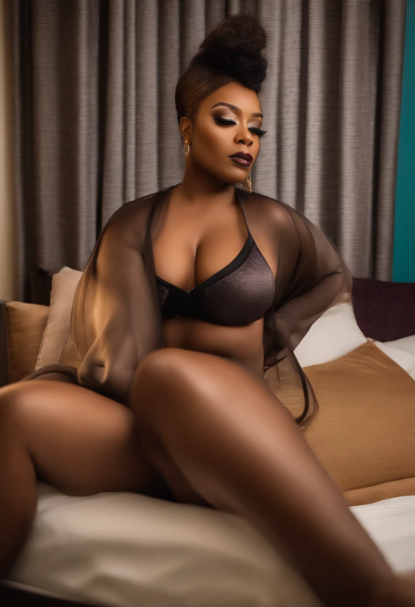 Transexual negra, bulto enorme en su entrepierna, leggings de seda, top de seda, culo gordo, tetas gordas, pelo largo, pelo ondulado, encima de una cama, dando por culo, pov
