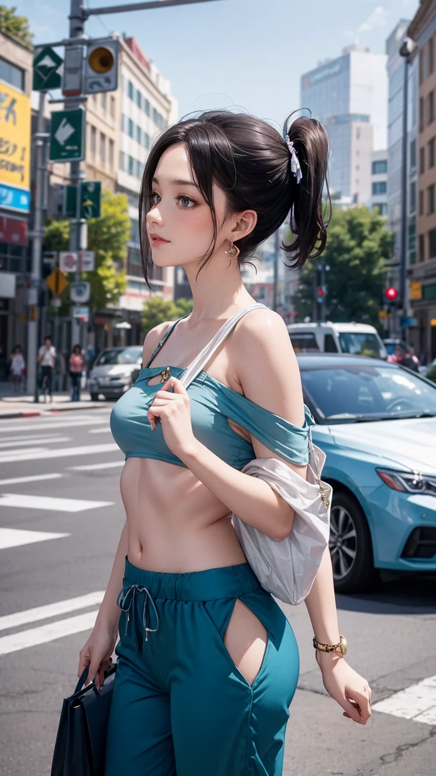 (最high quality, 8K, masterpiece: 1.3, Ultra HD, high quality, 最high quality, High resolution, realism)) 、25 year old white woman、brunette、blue eyes、long hair、smile、slender、slenderだがアスリートのような細マッチョ、I don&#39;t want my head to disappear from the screen.、Wear accessories on your wrist、Wearing red nail polish、I have a peticure、Sheer off-the-shoulder top((shoulder cutout tops))wear、Sheer Aladdin pants((aladdin pants))Wear、サンダルWear、Carry a tote bag over your shoulder、Asymmetrical hairstyles((asymmetrical hair)Skyscraper background、Waiting for a traffic light at an intersection、crystal earrings((crystal earrings))、side ponytail((side ponytail))