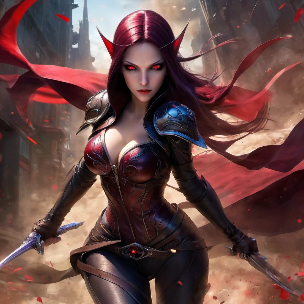 red eyes, sylvanas_windrunner, cinewow, 1girl, elf, will be depicted in the futuristic world of "Aeon Flux". The artwork will be created using the medium of digital illustration. The image quality should be at its best, with a resolution of 4k or 8k. It should be ultra-detailed and have a realistic, photorealistic appearance. The colors should be vivid and the lighting should be carefully designed to enhance the overall atmosphere of the scene. In the artwork,red eyes, sylvanas_windrunner, cinewow, 1girl, elf, character will be portrayed with beautiful, detailed eyes and lips. Her face will be extremely detailed, capturing her unique features and expressions. She will be shown in a dynamic pose, reflecting her strong and confident personality. The background will be a futuristic cityscape, showcasing the sci-fi elements of the "Aeon Flux" universe. The city will be presented in a dark and moody color palette, with neon lights illuminating the streets. The composition will have a strong sense of depth, with layers of buildings and structures creating a visually striking image. The artwork will have a professional and polished look, with sharp focus and ultra-fine painting details. The use of HDR and studio lighting will further enhance the realism of the scene. The overall style of the artwork will be influenced by concept artists, combining elements of science fiction and dystopia. The final result should be a masterpiece that captures the essence of "Aeon Flux" and portrayal of the red eyes, sylvanas_windrunner, cinewow, 1girl, elf, iconic character.