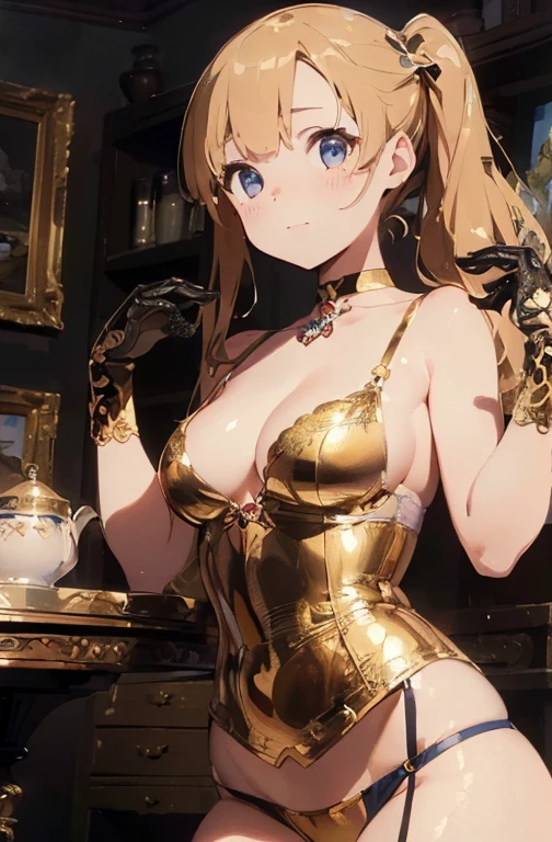 (masterpiece:1.8),(highest quality:1.8),(Super detailed:1.8),(8K:1.8),(Ultra-fine illustration:1.5),cute beautiful girl,ta style,skinny,small ass,Up Twin Tail,flat chest,small breasts,(Shiny metallic gold AA cup bra,panties),,Gold Corset,choker,Gold Long Gloves,gold boots,(embarrassed),(antique furniture)).During tea time,