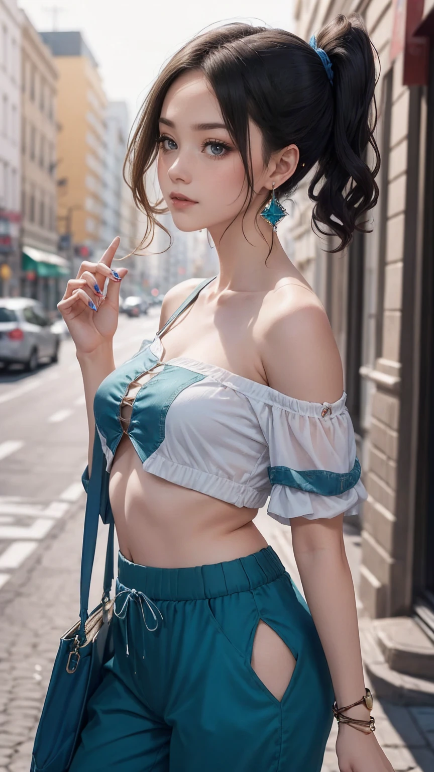 (最high quality, 8K, masterpiece: 1.3, Ultra HD, high quality, 最high quality, High resolution, realism)) 、25 year old white woman、brunette、blue eyes、long hair、smile、slender、slenderだがアスリートのような細マッチョ、I don't want my head to disappear from the screen.、Wear accessories on your wrist、Wearing red nail polish、I have a peticure、Sheer off-the-shoulder top((shoulder cutout tops))wear、Sheer Aladdin pants((aladdin pants))Wear、サンダルWear、Carry a tote bag over your shoulder、Asymmetrical hairstyles((asymmetrical hair)Skyscraper background、Waiting for a traffic light at an intersection、crystal earrings((crystal earrings))、side ponytail((side ponytail))