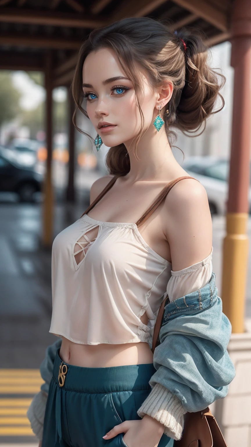 highest quality, masterpiece, ultra high resolution, (realistic: 1.4), Sexy Pictures, 1 Girl Curly Blonde Hair, sexy mouth,Big spare breasts squeezed to the neckline, Open clothing with neckline, off shoulder, cinematic lighting,(highest quality, 8K, 32K, masterpiece, UHD: 1.2), Photo of beautiful american woman, Long matte blonde hair, beautiful face, (leaning forward: 1.3), squat,  (superior: 1.2), (close: 1.4), throw, Naked shirt１pieces, big breasts, (Beautiful nipple slides: 0.9), outdoor, the wind is strong, shiny skin, blurred background,