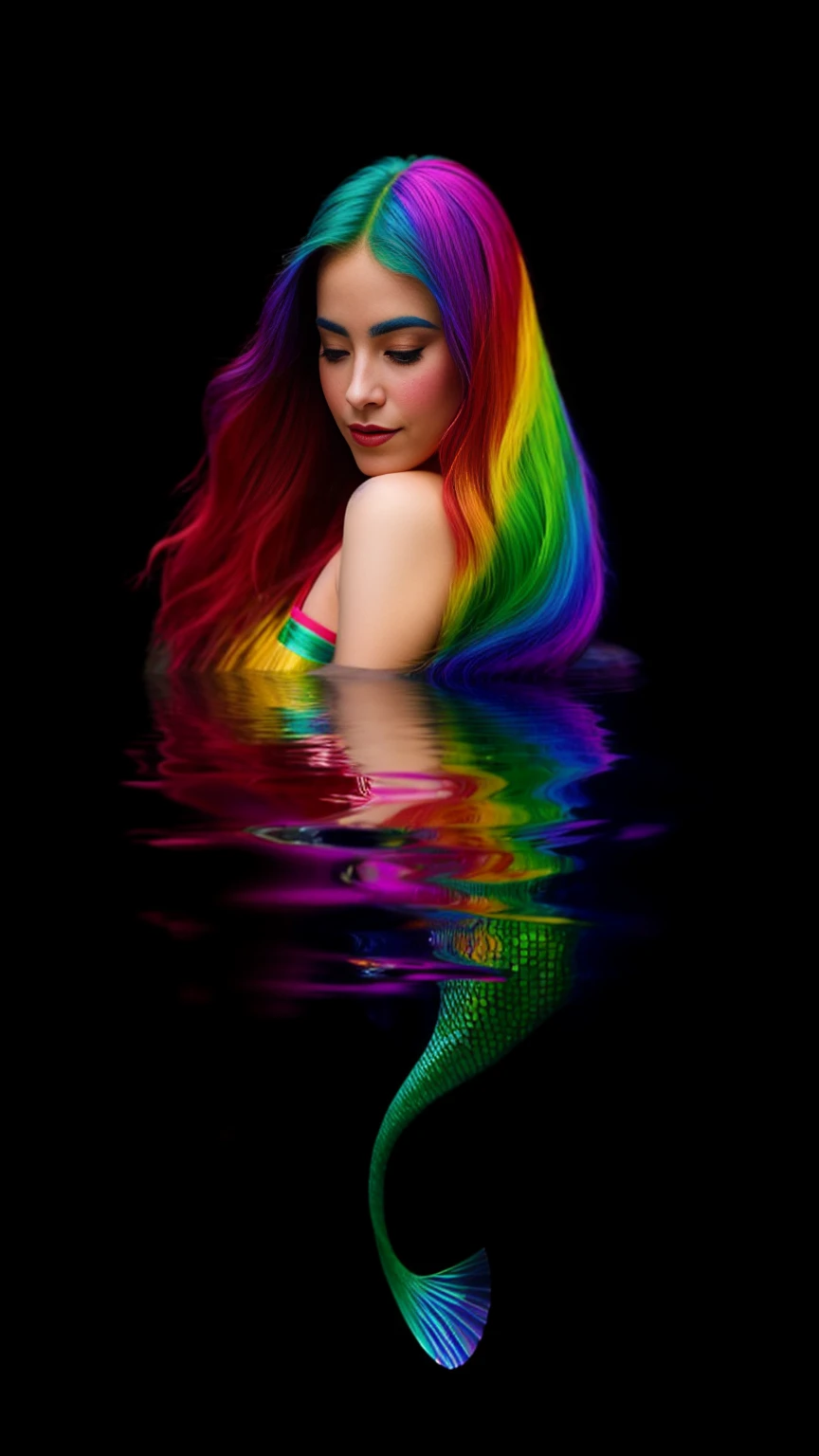 plucked woman with long hair and rainbow colored hair in water, portrait of sereia, rainbow reflections, colorido e escuro, beautiful sereia, iridescente scales on her body, sereia, portrait of black sereia, portrait of sereia queen, foto colorida, cabelos coloridos longos e brilhantes, rainbow reflection, iridescente # imaginativorealismo, rainbow gradient reflection