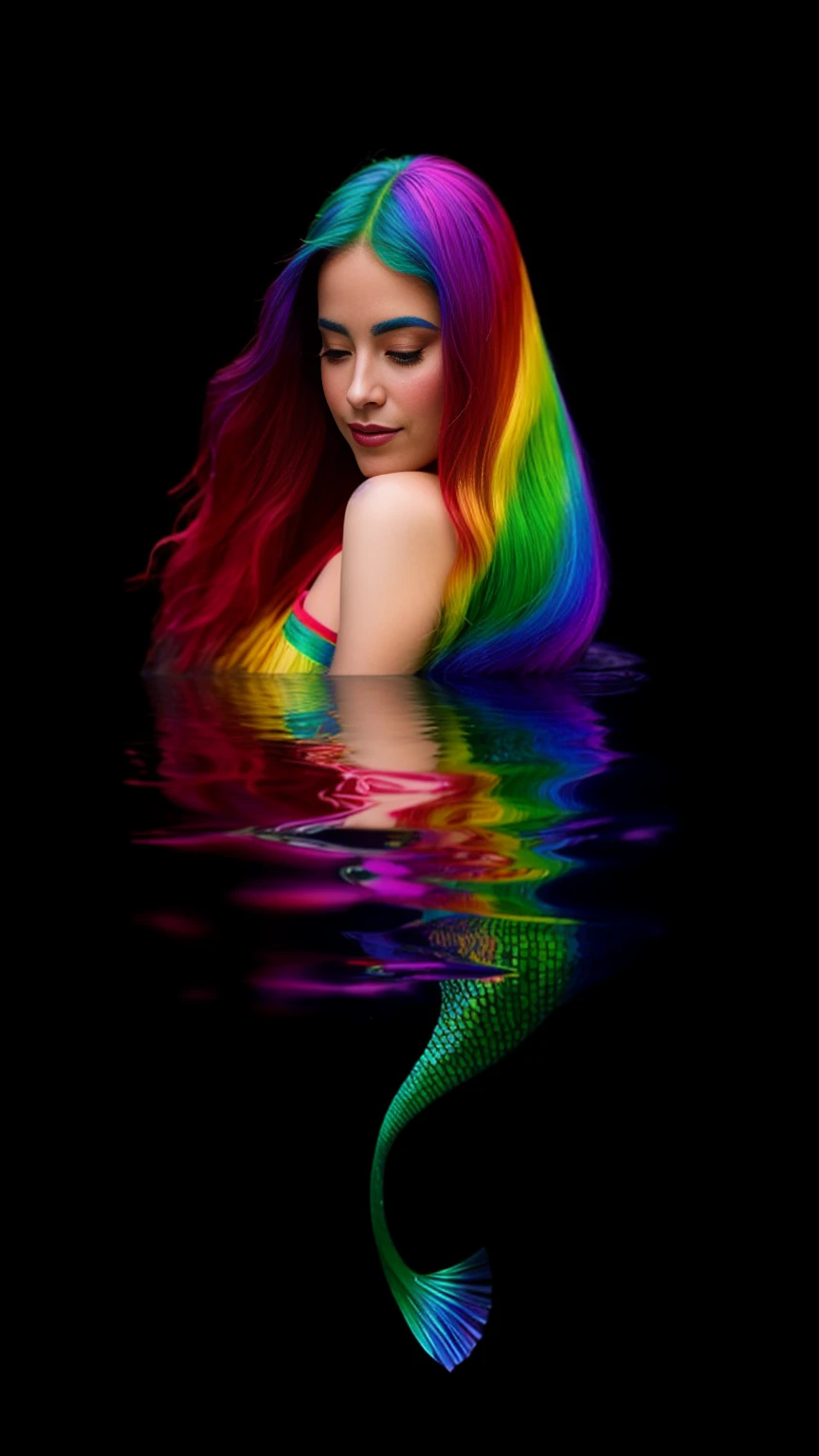 plucked woman with long hair and rainbow colored hair in water, portrait of sereia, rainbow reflections, colorido e escuro, beautiful sereia, iridescente scales on her body, sereia, portrait of black sereia, portrait of sereia queen, foto colorida, cabelos coloridos longos e brilhantes, rainbow reflection, iridescente # imaginativorealismo, rainbow gradient reflection