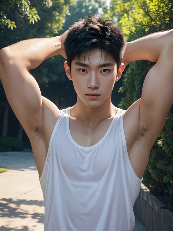 a man , arms up behind , tank top , black short hair , shirtless , outdoor , realistic handsome Korean face , modest muscles , masterpiece、A high resolution、hyperrealism、detailed face、solo、a men、glowing skin、(Asian)、(young、teenager)、Handsome、detailed background
