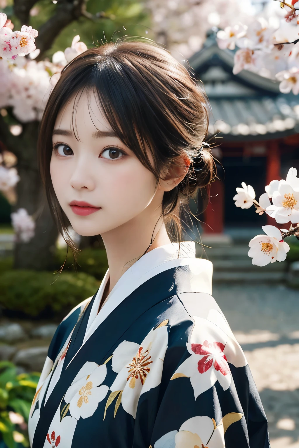 ((masterpiece,Highest quality 1.4)), (8K,Raw photo:1.2), (realistic,photo realistic:1.4), ultra high resolution , (Highly detailed 8K wallpaper) ,japanese idol, Japanese actress, Japanese, very cute, Big eyes, highly detailed eyes and face, Beautiful eyes in every detail,shiny skin,portrait,(medium hair and straight hair :1.3), professional lighting, sharp focus, Depth of written boundary , (dynamic angle:1.4 ). blur background, Bokeh, (A gorgeously patterned kimono) :A peaceful Japanese garden in spring, It features a cobblestone path that runs through mossy grounds..., Cherry blossoms bloom above my head、A traditional teahouse can be seen in the distance..