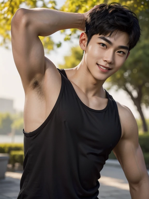 a man , arms up behind , tank top , black short hair , shirtless , outdoor , adorable smile , realistic handsome Korean face , modest muscles , masterpiece、A high resolution、hyperrealism、detailed face、solo、a men、glowing skin、(Asian)、(young、teenager)、Handsome、detailed background