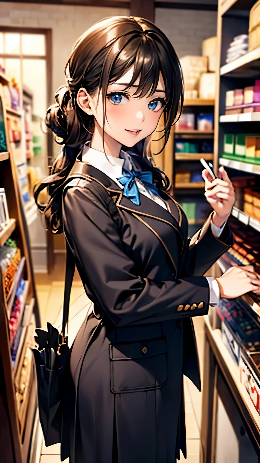 This magical sight、first、Beautiful landscapes depicted in ultra-high resolution。It's like a realistic painting、8K resolution ensures every detail is captured。The scene is filled with HDR sparkle and cinematic lighting.、dramatic angle、She has a mature charm、Standing in a natural pose、((Shop clerk:1.6、uniform))、Friendliness、smile、Smart Hairstyles、Neat makeup、Service Spirit、Product knowledge、Kindness、polite language、quick response、Tidying up the store、sense of cleanliness、Responsibility、Customer Service、Softness、Teamwork
