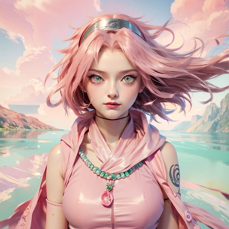 young woman, short shoulder-length pink hair, wide forehead, porcelain skin, pink eyebrows, big emerald green eyes, buttoned nose, full lips, heart-shaped face, slender body, small breasts, red tank top, Sakura Haruno , realistic, realism, details, 3d, well detailed