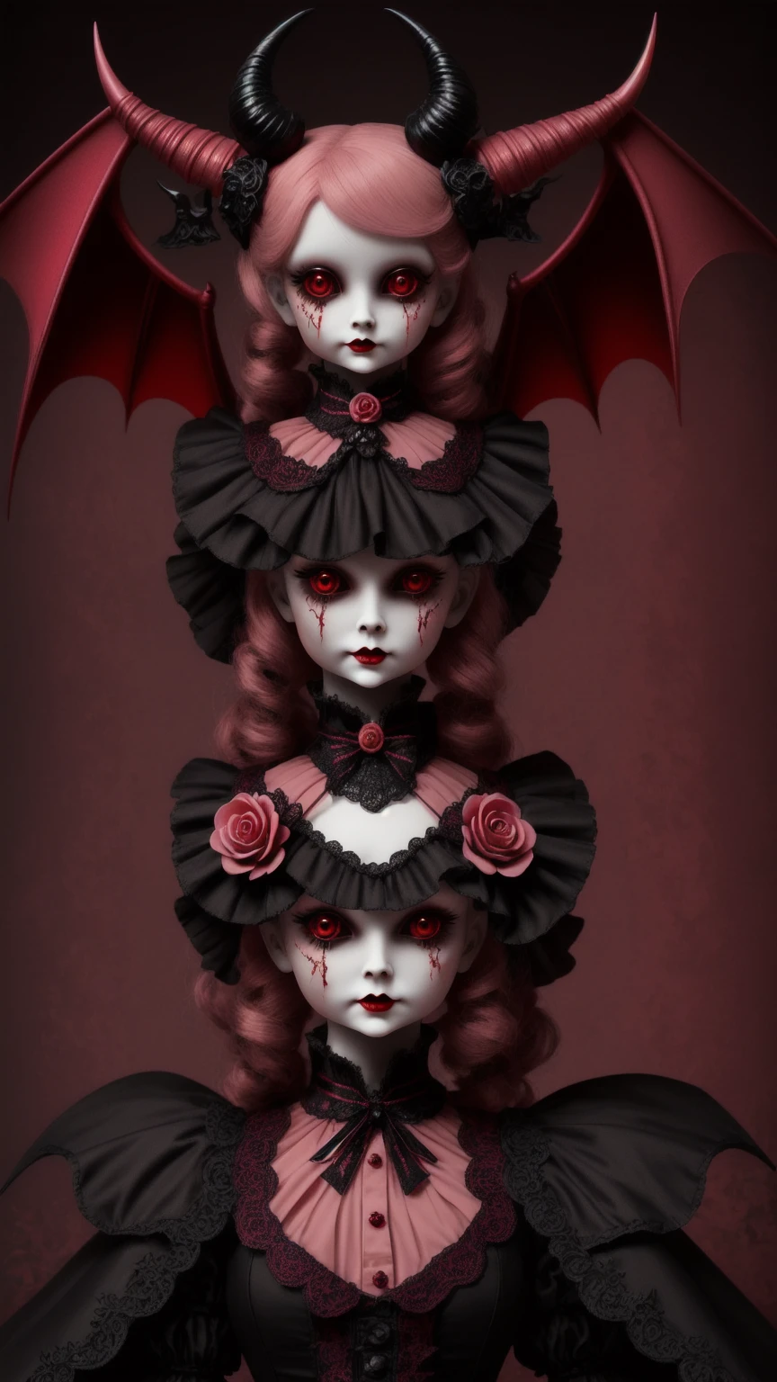 logo, demon, Victorian doll, elegant, professional art, Blood Red, Soft pink, coral pink, soft gray, skeleton, bat, detailed, crisp quality, extremely detailed, eat the demons, soft elegance, fashion, professional quality,
