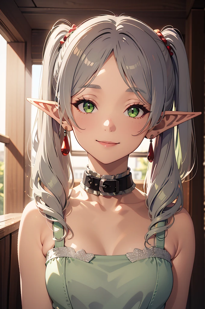 face lighting,bright backlight,super high resolution,best quality,Photos,4k,(Realistic:1.2),jingling,1girl,green eyes,silver hair,elf ears,smile,twintails,