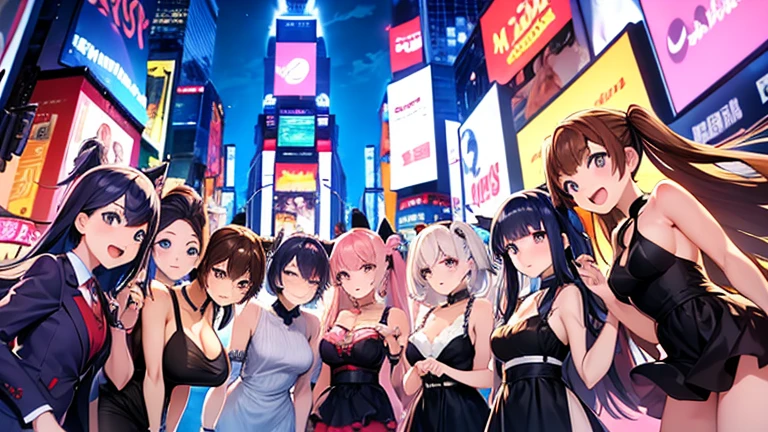 A group of 10 anime girls and 10 anime boys, taking a group selfie, selfie in new york times square, top to bottom selfie, showing the buildings of times square