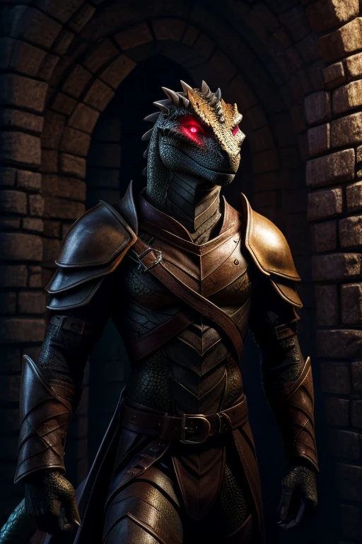 Anthro lizard, male, golden scales, purple glowing eyes, large black pupils, slim, brown leather armour, Holding sword, dungeon background,