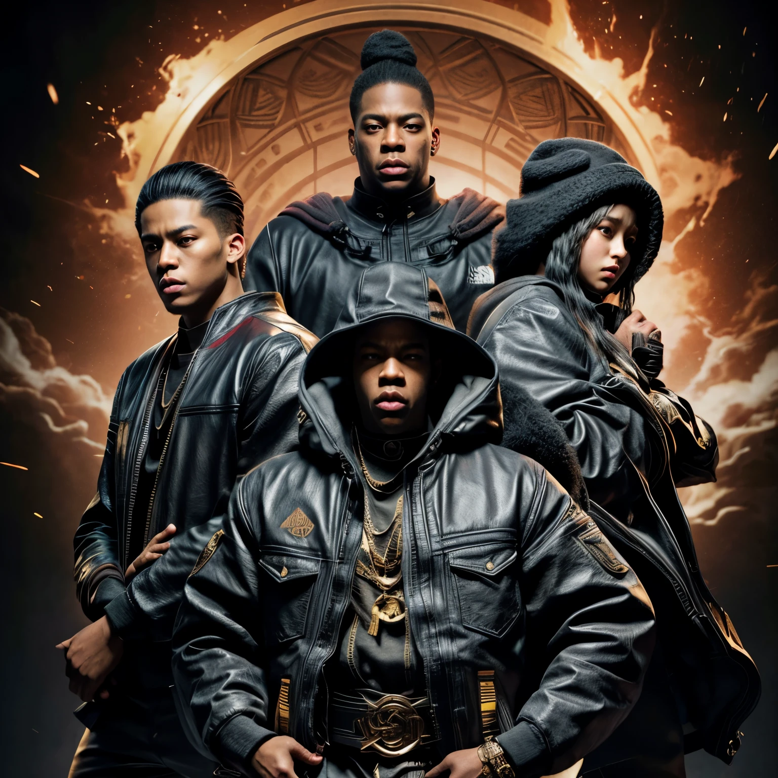 An anime style poster of a film titled “Children of the scorn”, with men and women, African American, hip hop influenced, cinematic photo style, warriors, ninja inspired, carhartt style jackets, 50 Cent energy, Rhea Ripley energy, Jay-Z energy, muscular, athletic, warriors of strength, confidence, honor, calm, competent, ambitious, godly essence, divine presence, 4k photo, 8 k photo, high quality, art, luxurious city vibe, north face jackets,