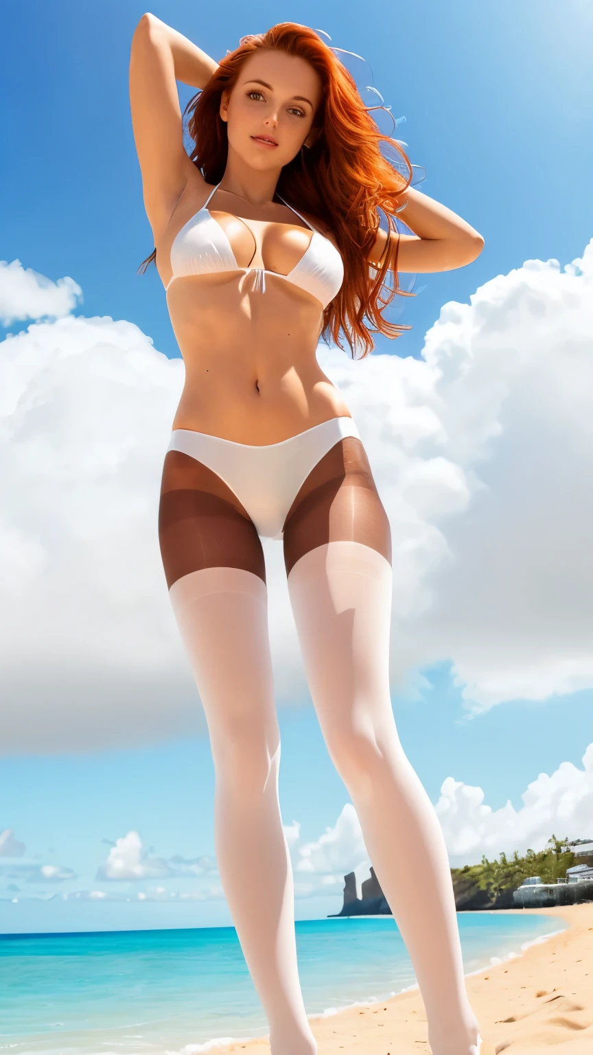 1 girl, (tiny bright-white bikini top1.3), (sheer shiny brown pantyhose under bright-white bikini bottom:1.3), long straight flowing red hair, (emphasis on her legs and feet:1.3), (huge breasts:1.3), girly pose, sexy legs, skinny, small hips, small butt, stunningly beautiful, (thin:1.1), fit, , athletic, freckles, wet skin, dark makeup, backdrop of a beach, sunny day, Masterpiece, ultra-high detail, low angle, from below, feet in view, (show entire body), sexy ankles, feet in view, low denier, cute