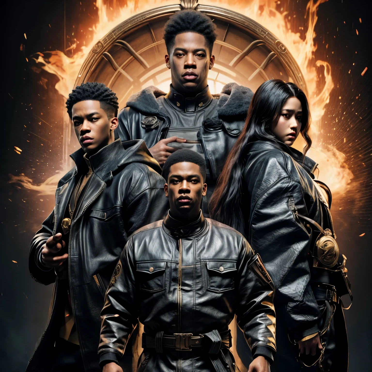 An anime style poster of a film titled “Children of the scorn”, with men and women, African American, hip hop influenced, cinematic photo style, warriors, ninja inspired, carhartt style jackets, 50 Cent energy, Rhea Ripley energy, Jay-Z energy, muscular, athletic, warriors of strength, confidence, honor, calm, competent, ambitious, godly essence, divine presence, 4k photo, 8 k photo, high quality, art, luxurious city vibe, north face jackets,