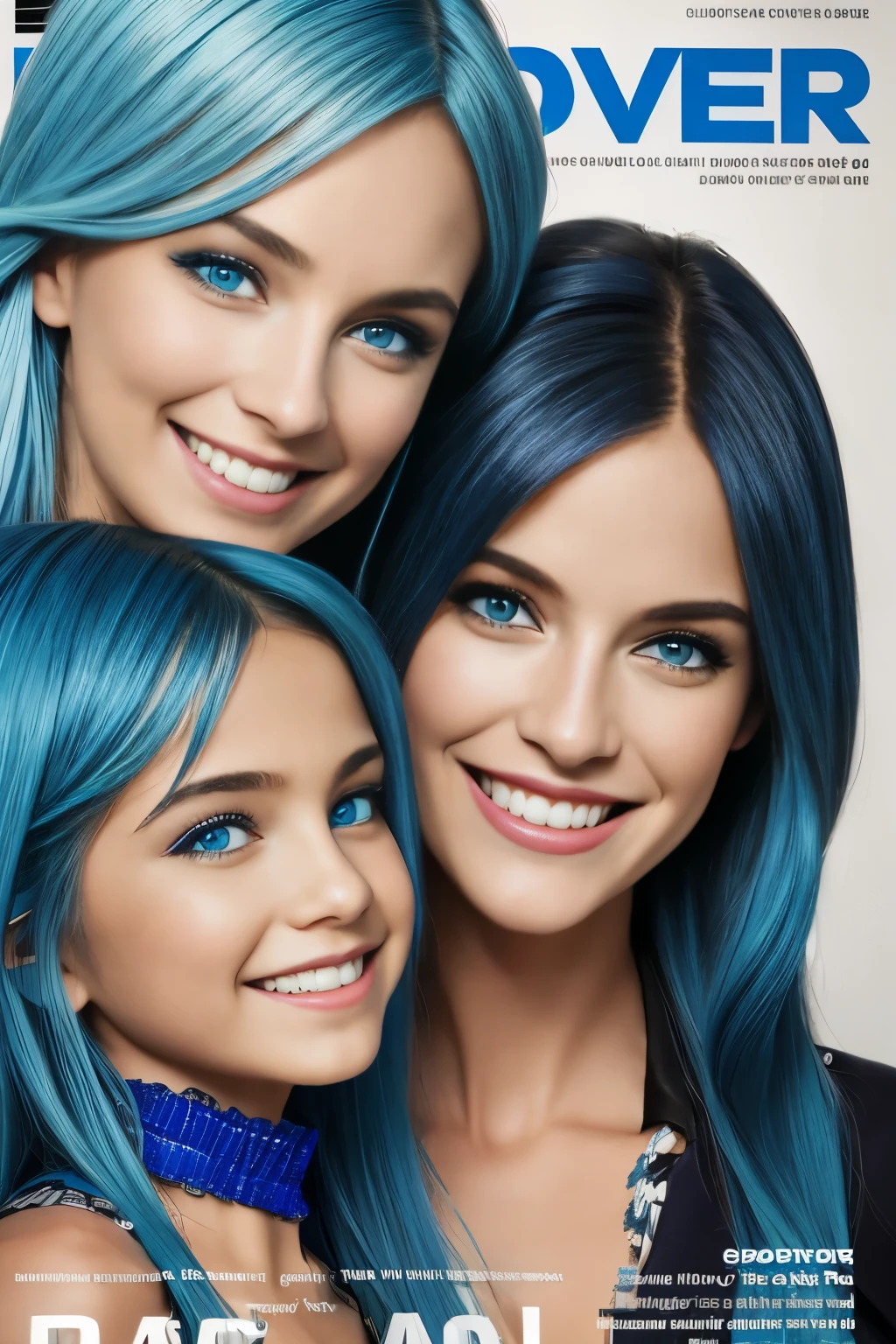 A mother and daughter blue hair blue eyes on a magazine cover, vibrant colors, high-resolution, realistic portrayal, fashion-forward, loving bond, trendy attire, captivating smiles, natural beauty, professional lighting, contemporary style, artistic composition