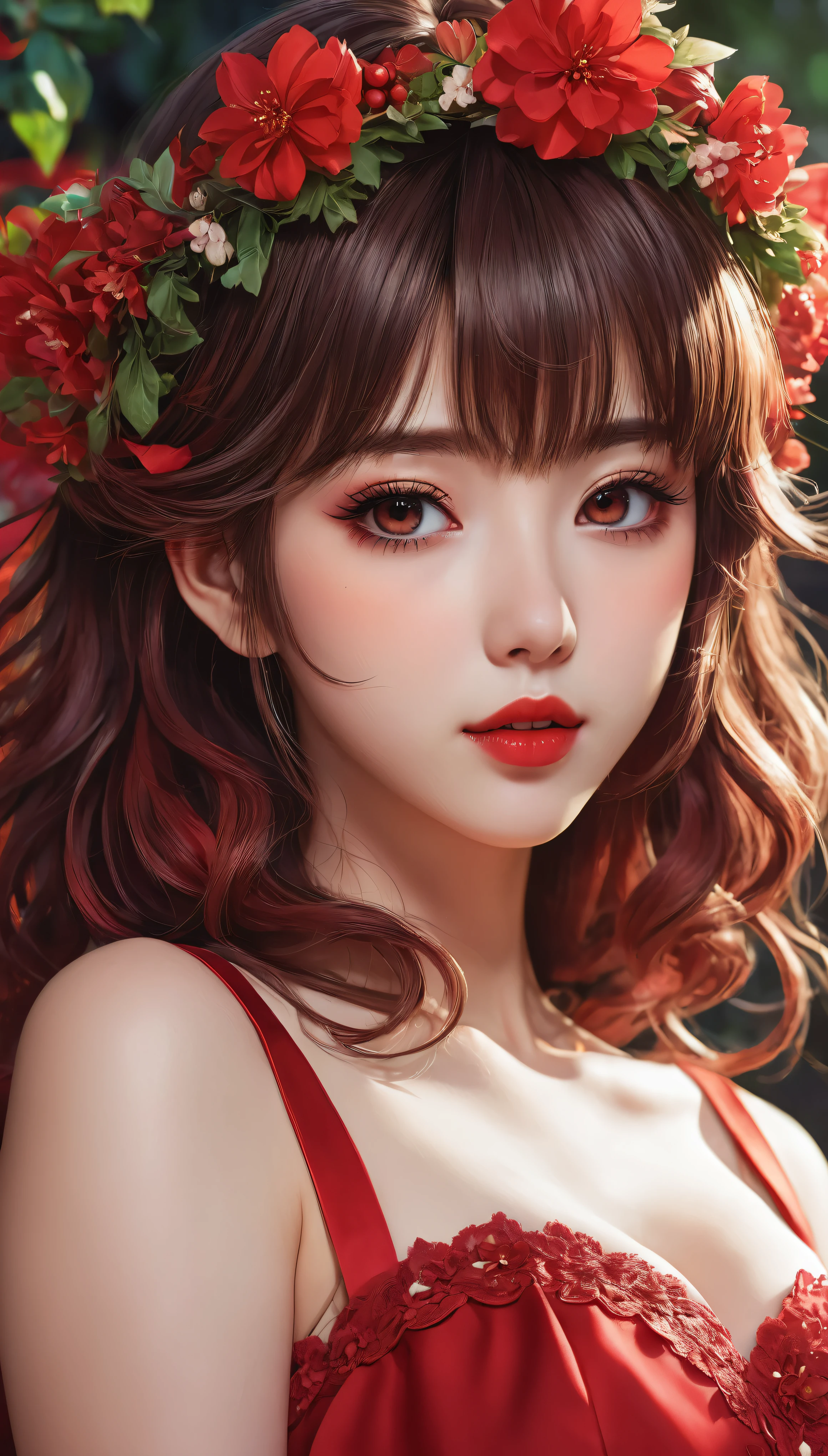 (masterpiece),(best quality:1.0), (ultra highres:1.0), detailed illustration, 8k, anime, 1girl, beautiful anime girl, wearing a red dress, flower crown, pretty face, detailed face, beautiful eyes, detailed eyes, dark red eyes, bright red lips, red lipstick, beautiful stylish hair, highlights in hair, bangs anime style, best quality, vibrant