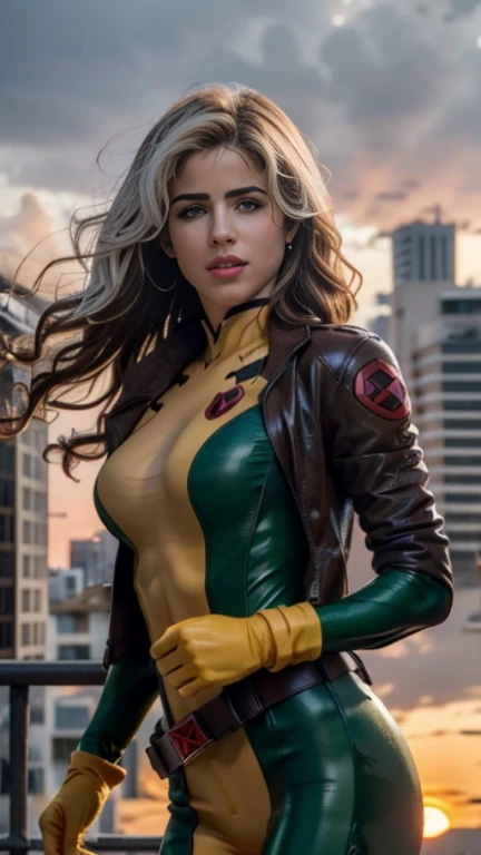 Emily Bett Rickards、Wet、full body figure, long hair, brown hair, green eyes, lipstick, compensate, lips,Emphasize cleavage、 sexy、White stripes in hair, like, wavy hair, messy hair, curly hair, middle～big breasts, Surface Plot, ((Kelli Berglund:Bailee Madison:0.5)), 黄colorのスーツ, Jacket, gloves, belt, gloves amarillos, Green Suit, (body suit:1.4), Traje multicolor, (superhero:1.4), tight skin, Ropa multicolor, Garden and wisteria background, official art, extremely detailed CG 8k wallpaper, perfect lighting, De color, bright_amount_method_light, piel bright, (masterpiece:1.0), (Better_quality:1.0), ultra high resolution, 4k , Super detailed, director of photography, 8k, HDR, Altas Resolightones, (disorganized:1.2), kodak portrait 400, film grain, blurred background, (Bokeh:1.2), Lens flare, (lively_color:1.2), professional photography, (beautiful_method:1.5),More detailed 8K.unreal engine:1.4,Hmm,La Better calidad:1.4, realistic:1.4, skin temperature:1.4, masterpiece:1.8,masterpiece, Better calidad,object object], (detailed facial features:1.3),(Antesedentes apocalyptic destroyed city:1.4), (Apocalyptic Sunset:1.4)
