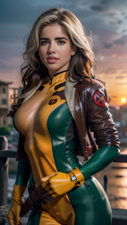Emily Bett Rickards、Wet、full body figure, long hair, brown hair, green eyes, lipstick, compensate, lips,Emphasize cleavage、 sexy、White stripes in hair, like, wavy hair, messy hair, curly hair, middle～big breasts, Surface Plot, ((Kelli Berglund:Bailee Madison:0.5)), 黄colorのスーツ, Jacket, gloves, belt, gloves amarillos, Green Suit, (body suit:1.4), Traje multicolor, (superhero:1.4), tight skin, Ropa multicolor, Garden and wisteria background, official art, extremely detailed CG 8k wallpaper, perfect lighting, De color, bright_amount_method_light, piel bright, (masterpiece:1.0), (Better_quality:1.0), ultra high resolution, 4k , Super detailed, director of photography, 8k, HDR, Altas Resolightones, (disorganized:1.2), kodak portrait 400, film grain, blurred background, (Bokeh:1.2), Lens flare, (lively_color:1.2), professional photography, (beautiful_method:1.5),More detailed 8K.unreal engine:1.4,Hmm,La Better calidad:1.4, realistic:1.4, skin temperature:1.4, masterpiece:1.8,masterpiece, Better calidad,object object], (detailed facial features:1.3),(Antesedentes apocalyptic destroyed city:1.4), (Apocalyptic Sunset:1.4)