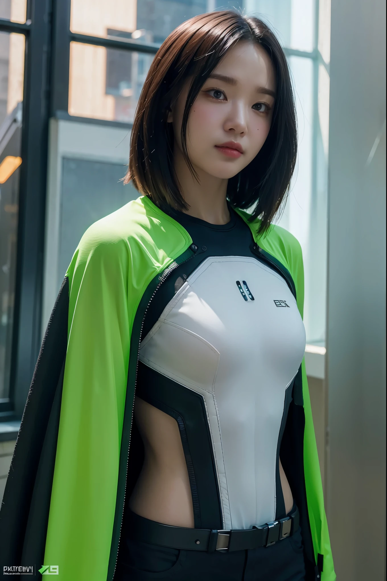 ((Best quality)), ((masterpiece)), (detailed:1.4), 3D, an image of a beautiful cyberpunk female with a cape, HDR (High Dynamic Range),Ray Tracing,NVIDIA RTX,Super-Resolution,Unreal 5,Subsurface scattering,PBR Texturing,Post-processing,Anisotropic Filtering,Depth-of-field,Maximum clarity and sharpness,Multi-layered textures,Albedo and Specular maps,Surface shading,Accurate simulation of light-material interaction,Green Neon suit, Perfect proportions,Octane Render,Two-tone lighting,Wide aperture,Low ISO,White balance,Rule of thirds,8K RAW,