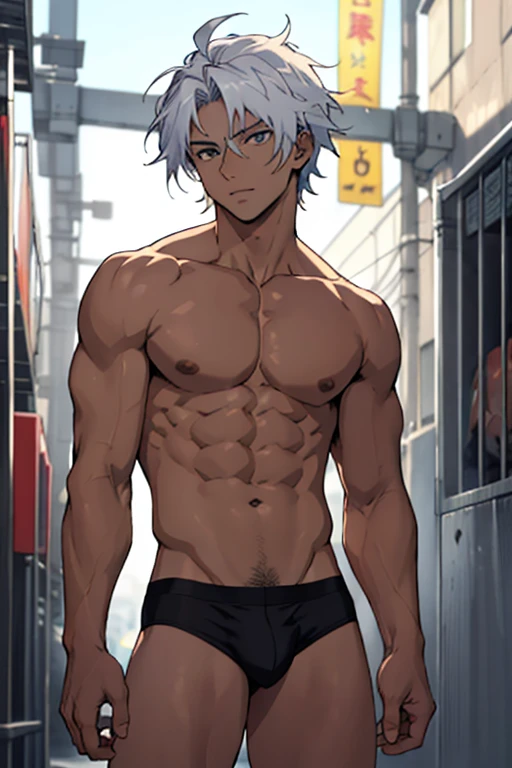 ((Melhor qualidade)), ((anime)), (detalhado), rosto perfeito, cabelo castanho curto, olhos azuis, corpo perfeitamente definido, sem camisa de cueca na frente do espelho
