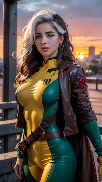 Emily Bett Rickards、Wet、full body figure, long hair, brown hair, green eyes, lipstick, compensate, lips,Emphasize cleavage、 sexy、White stripes in hair, like, wavy hair, messy hair, curly hair, middle～big breasts, Surface Plot, ((Kelli Berglund:Bailee Madison:0.5)), 黄colorのスーツ, Jacket, gloves, belt, gloves amarillos, Green Suit, (body suit:1.4), Traje multicolor, (superhero:1.4), tight skin, Ropa multicolor, Garden and wisteria background, official art, extremely detailed CG 8k wallpaper, perfect lighting, De color, bright_amount_method_light, piel bright, (masterpiece:1.0), (Better_quality:1.0), ultra high resolution, 4k , Super detailed, director of photography, 8k, HDR, Altas Resolightones, (disorganized:1.2), kodak portrait 400, film grain, blurred background, (Bokeh:1.2), Lens flare, (lively_color:1.2), professional photography, (beautiful_method:1.5),More detailed 8K.unreal engine:1.4,Hmm,La Better calidad:1.4, realistic:1.4, skin temperature:1.4, masterpiece:1.8,masterpiece, Better calidad,object object], (detailed facial features:1.3),(Antesedentes apocalyptic destroyed city:1.4), (Apocalyptic Sunset:1.4)