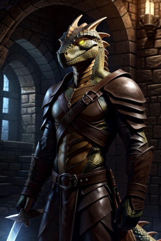 Anthro lizard, male, golden scales, purple glowing eyes, large black pupils, slim, brown leather armour, Holding sword, dungeon background,