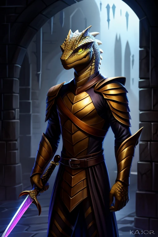 Anthro lizard, male, golden scales, purple glowing eyes, large black pupils, slim, brown leather armour, Holding sword, dungeon background,