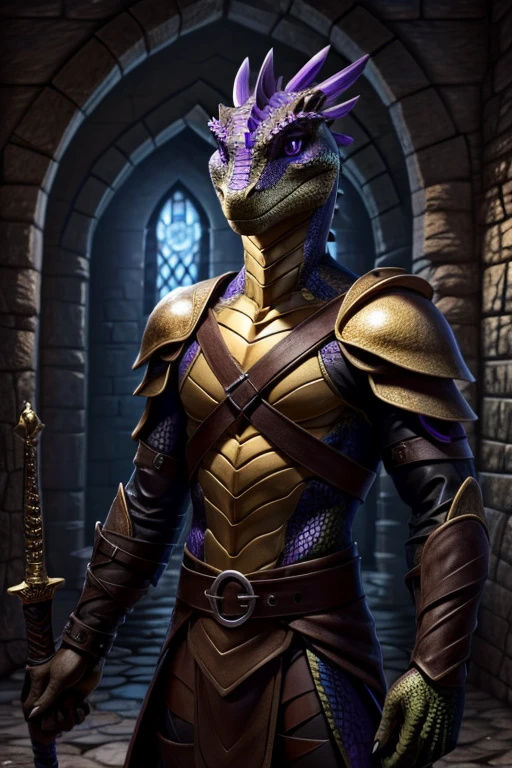 Anthro lizard, male, golden scales, (purple irises:1.1), purple eyes, large black pupils, slim, brown leather armour, Holding sword, dungeon background,