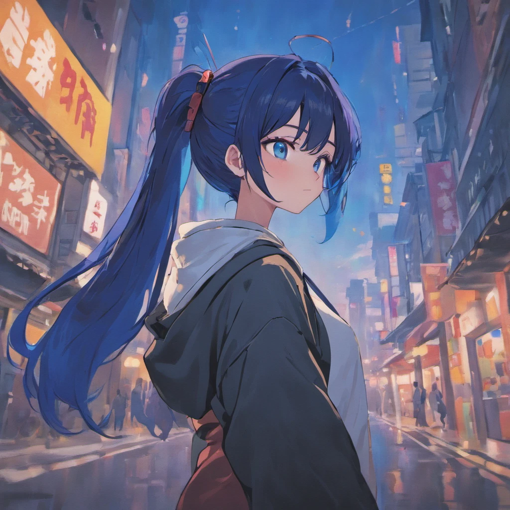 a beautiful cute anime girl(shikimori style),blue eyes,long black hair, ponytail,(high-details),crop top hoodie, black training pants,city(view), headphones,(high-quality),