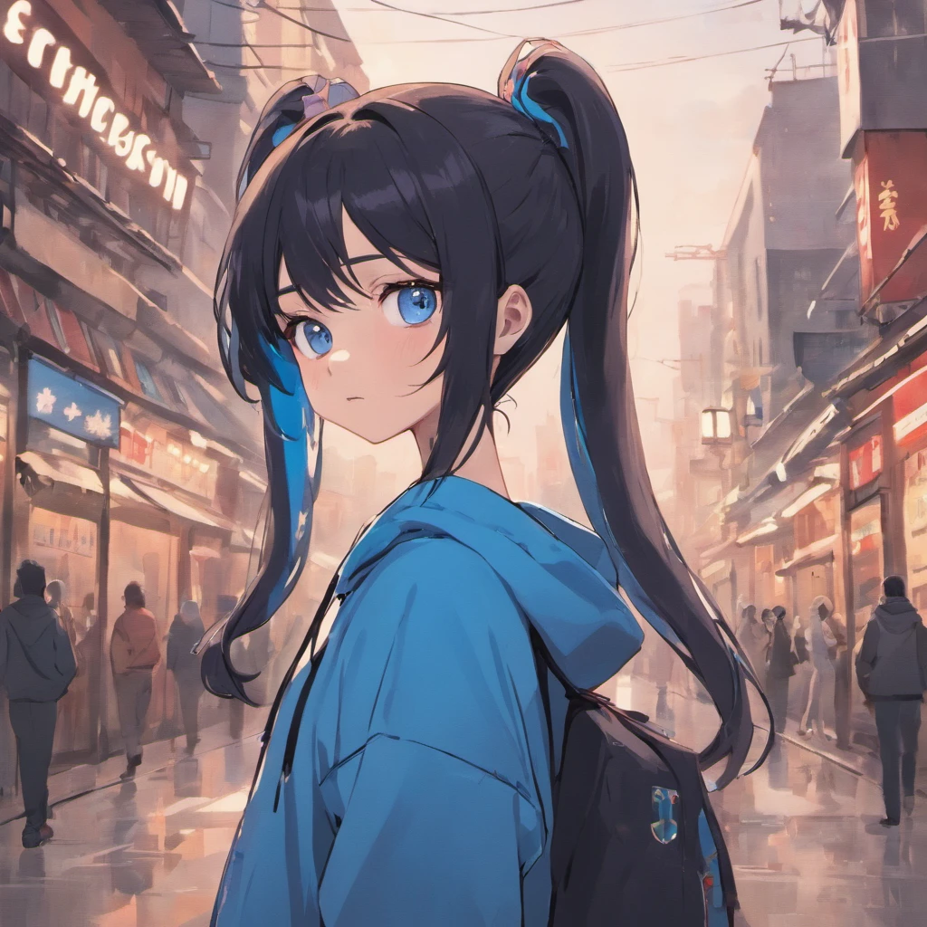 a beautiful cute anime girl(shikimori style),blue eyes,long black hair, ponytail,(high-details),crop top hoodie, black training pants,city(view), headphones,(high-quality),