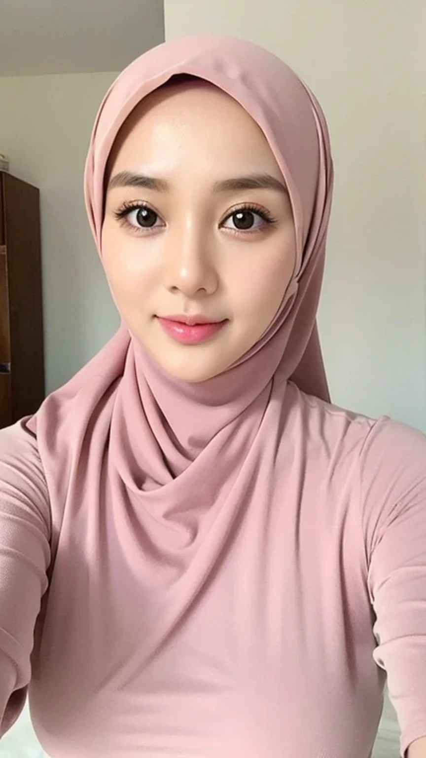 Beautuful Women、hijab, indonesian, a room、selfee、White Room、cute、ultra detailed face, 8K、1 girl, big breasts, pink, soft