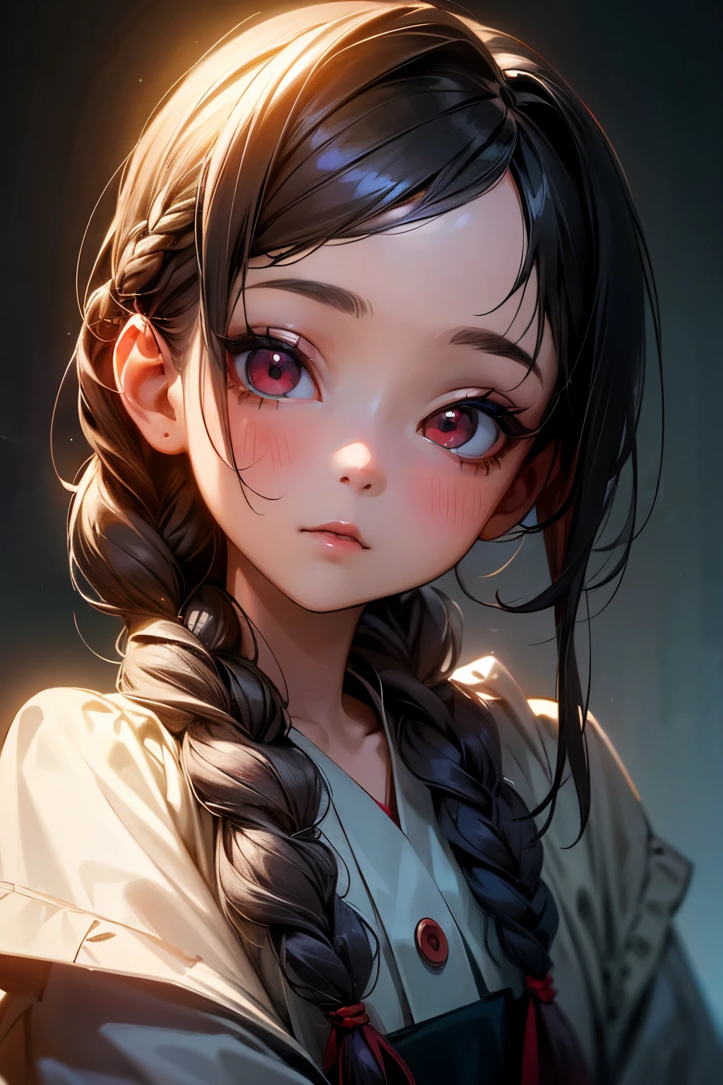 1 tiny girl, braid hair, pajamas, (photo realstic), (cute face), (swept bangs), (ultra detailed:1.4), 16K, red eye shadow, black eyeline, bust shot, best quality, ((Masterpiece)),