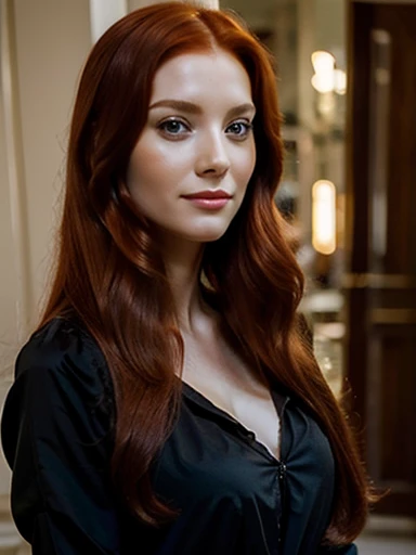 gorgeous woman,  beautiful,  black blouse, long long red hair , elegant appearance at the age of 30.