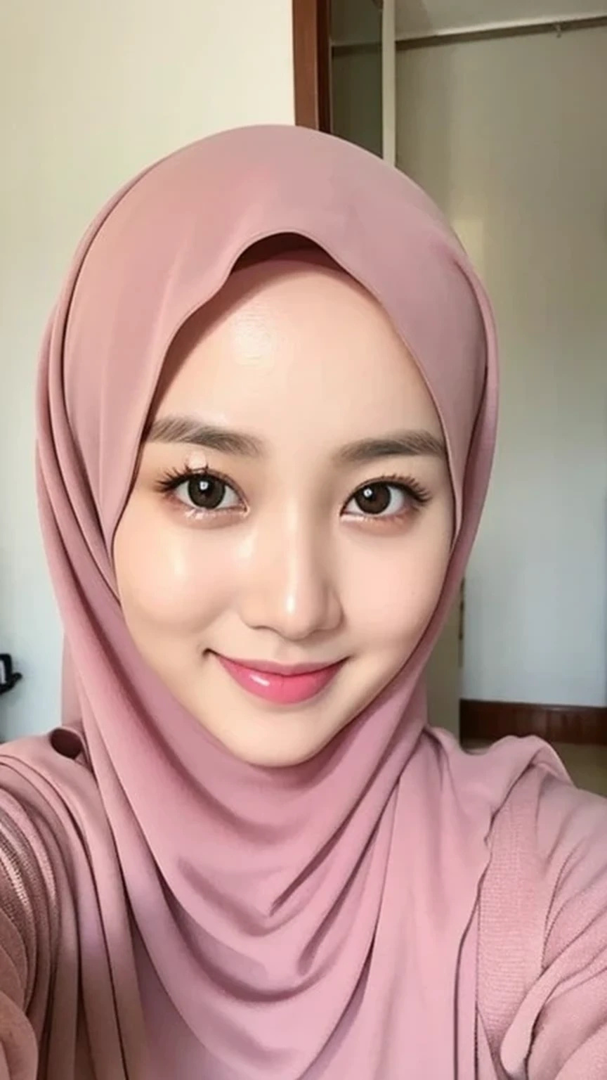 Beautuful Women、hijab, indonesian, a room、selfee、White Room、cute, smile、ultra detailed face, 8K、1 girl, pink, soft