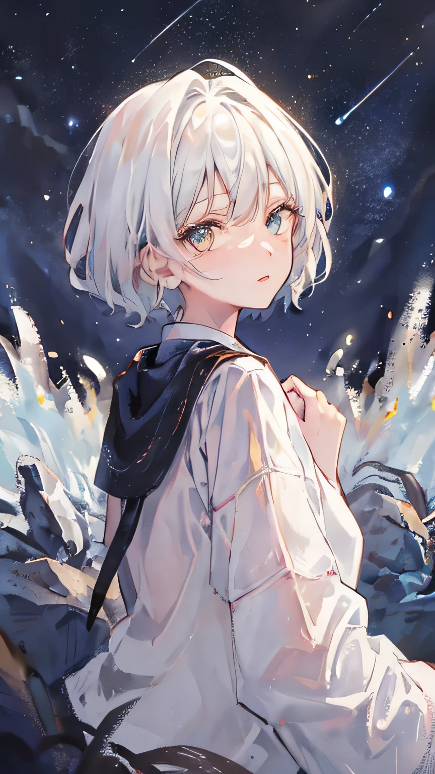 girl，white hair，short hair，Bicolor pupil，Sit and look back at me，Only the upper body is visible，You can see the beautiful starry sky，Watching from afar