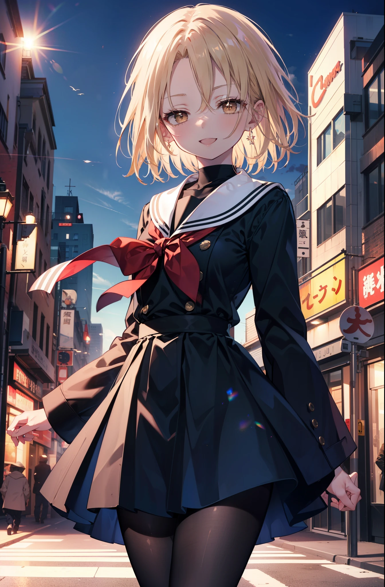 annakyouyama, anna kyouyama, blonde hair, short hair, (brown eyes:1.7),happy smile, smile, open your mouth,Black long-sleeved sailor suit,black pleated skirt,white pantyhose,black loafers,walking,morning,morning日,太陽が登っている
break looking at viewer, whole body,(cowboy shot:1.5),
break outdoors, city,building street,
break (masterpiece:1.2), highest quality, High resolution, unity 8k wallpaper, (shape:0.8), (fine and beautiful eyes:1.6), highly detailed face, perfect lighting, Very detailed CG, (perfect hands, perfect anatomy),