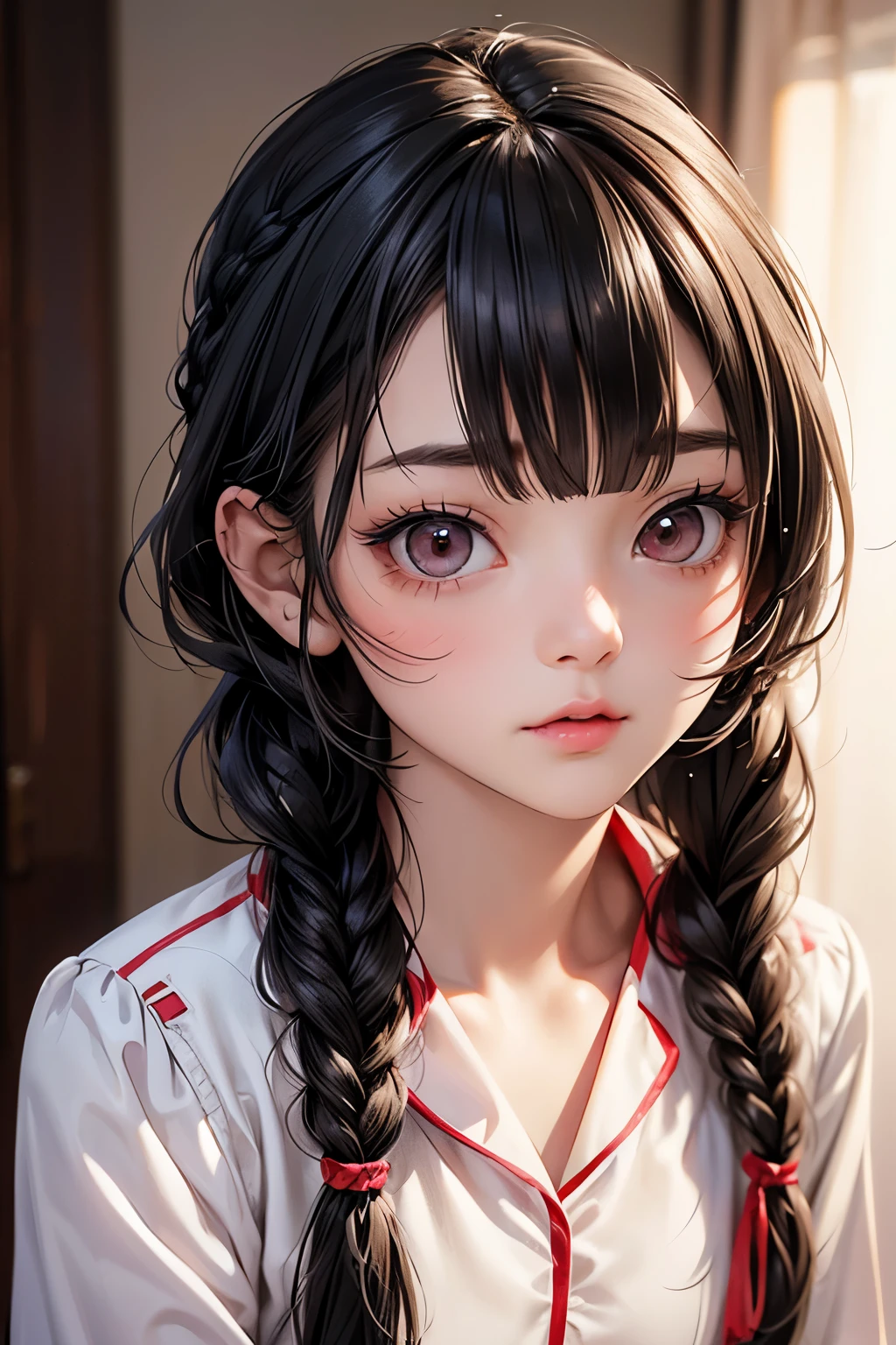 1 tiny girl, loose braid hair, pajamas, (photo realstic), (cute face), (swept bangs), (ultra detailed:1.4), 16K, red eye shadow, black eyeline, bust shot, best quality, ((Masterpiece)),
