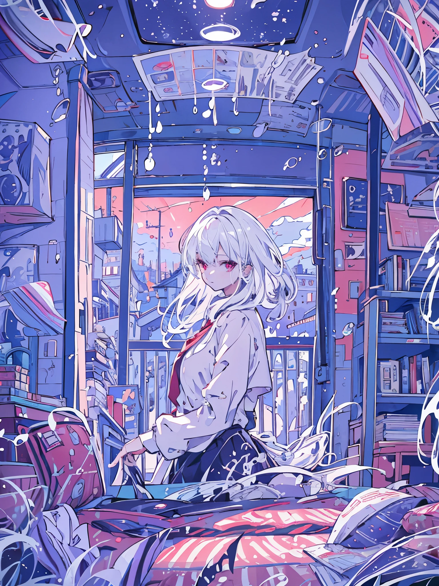 masterpiece, highest quality, very detailed, cinematic lightning, intricate details, High resolution, official art, Beautiful detailed face and eyes, High resolutionのイラスト, 8K, Depth of the bounds written, Bokeh, alone, 1 girl, girl with white hair and red eyes, long white hair, beautiful red eyes, beautiful scenery, rainy city, Upper body, looking at the viewer, close