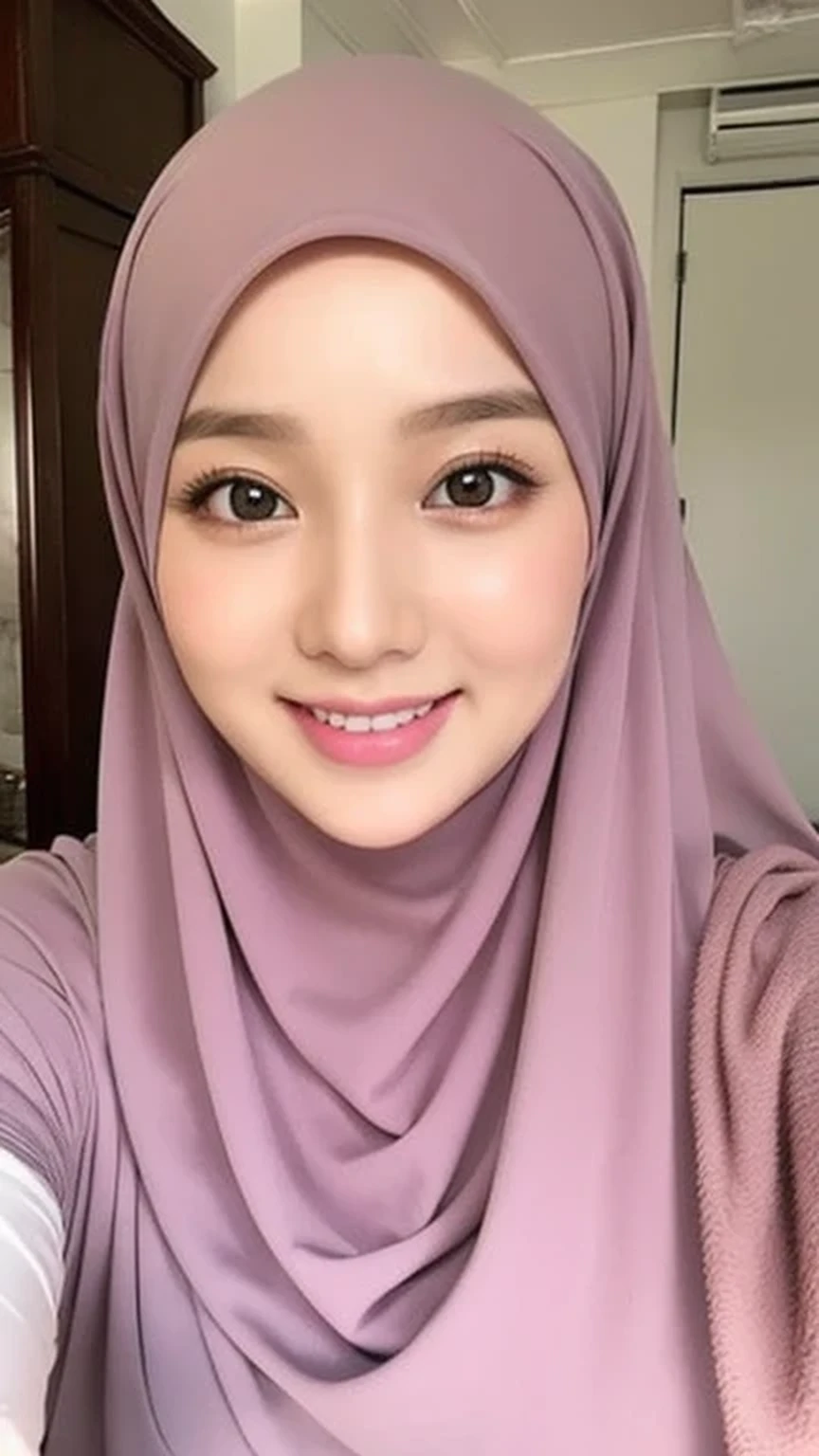 Beautuful Women、hijab, indonesian, a room、selfee、White Room、cute, smile、ultra detailed face, 8K、1 girl, pink, soft