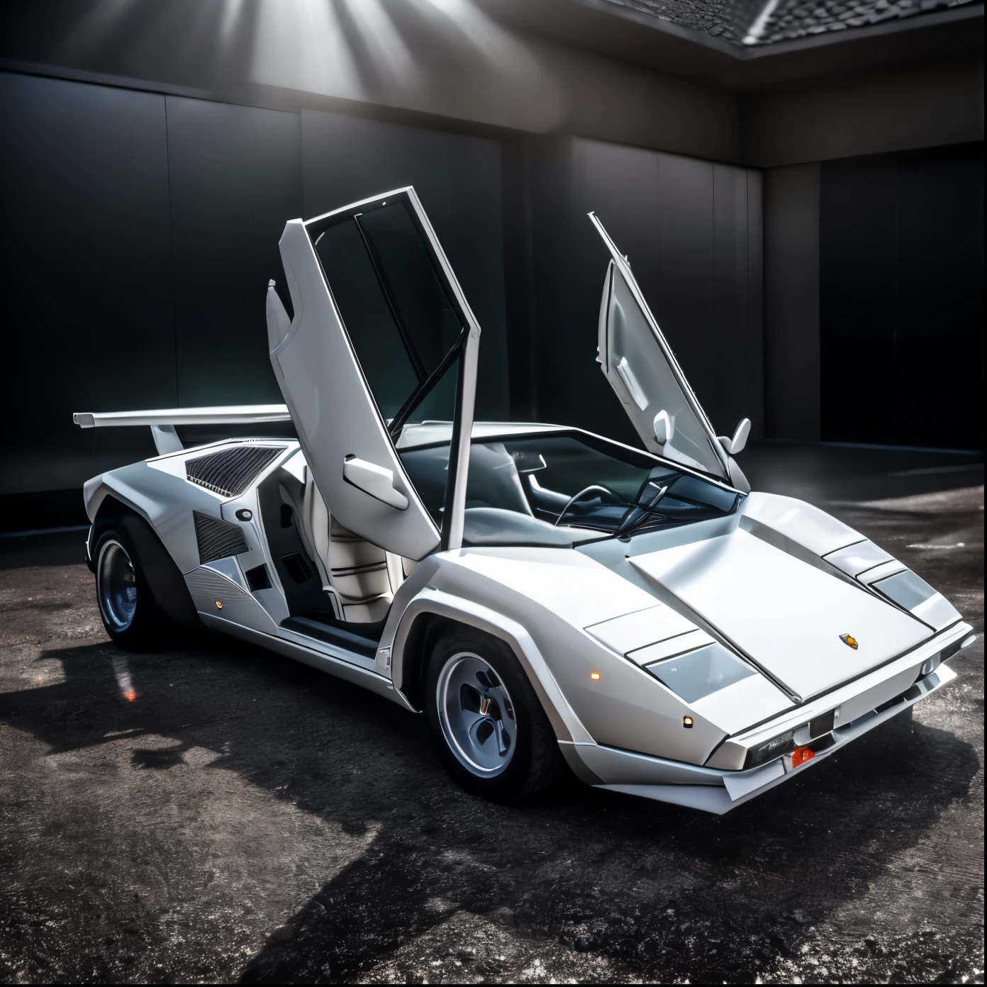 Cinematic photograph of a white 1980s Lamborghini countach (good composition), (in frame), centered, 8k, 4k, detailed, attractive, beautiful, impressive, photorealistic, realistic, cinematic composition, volumetric lighting, high-resolution, vivid, detailed, stunning, professional, lifelike, crisp, flawless, DSLR, 4k, 8k, 16k, 1024, 2048, 4096, detailed, sharp, best quality, high quality, highres, absurdres