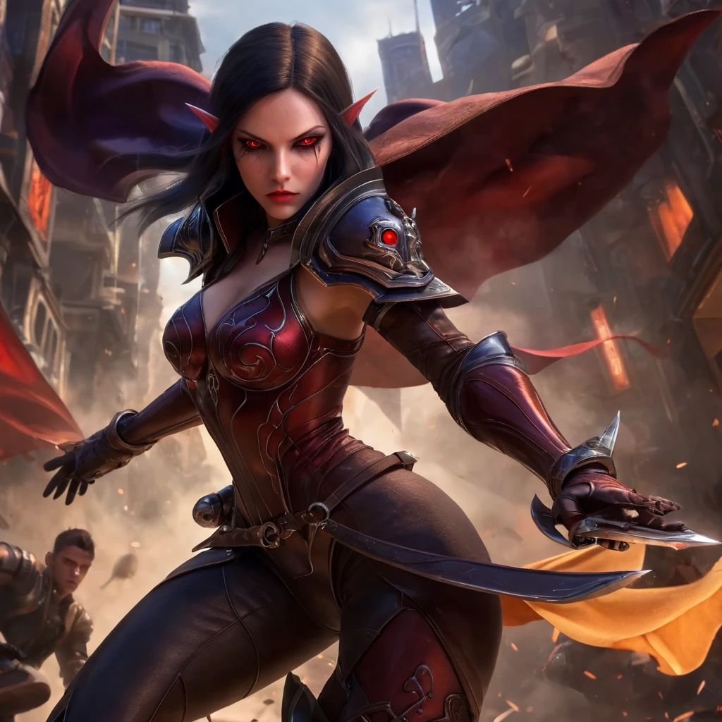 red eyes, sylvanas_windrunner, cinewow, (((Full body image))), 1girl, elf, will be depicted in the futuristic world of "Aeon Flux". The artwork will be created using the medium of digital illustration. The image quality should be at its best, with a resolution of 4k or 8k. It should be ultra-detailed and have a realistic, photorealistic appearance. The colors should be vivid and the lighting should be carefully designed to enhance the overall atmosphere of the scene. In the artwork,red eyes, sylvanas_windrunner, cinewow, (((Full body image))), 1girl, elf, character will be portrayed with beautiful, detailed eyes and lips. Her face will be extremely detailed, capturing her unique features and expressions. She will be shown in a dynamic pose, reflecting her strong and confident personality. The background will be a futuristic cityscape, showcasing the sci-fi elements of the "Aeon Flux" universe. The city will be presented in a dark and moody color palette, with neon lights illuminating the streets. The composition will have a strong sense of depth, with layers of buildings and structures creating a visually striking image. The artwork will have a professional and polished look, with sharp focus and ultra-fine painting details. The use of HDR and studio lighting will further enhance the realism of the scene. The overall style of the artwork will be influenced by concept artists, combining elements of science fiction and dystopia. The final result should be a masterpiece that captures the essence of "Aeon Flux" and portrayal of the red eyes, sylvanas_windrunner, cinewow, (((Full body image))), 1girl, elf, iconic character.