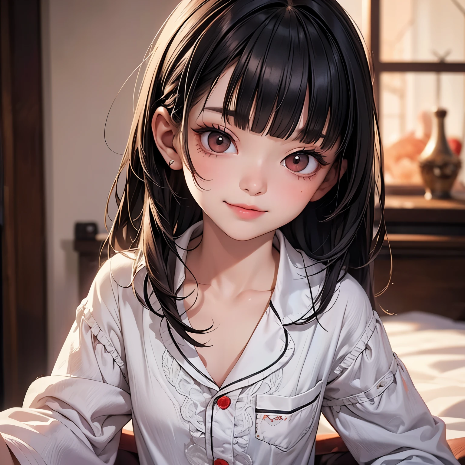 one girl, pointed short ears, fangs, fair skin, graphite wavy hair, red eyes, plump peach lips, small nose, big eyes, small face,curvaceous, slim, dressed in a yellow unbuttoned shirt with white inserts, a slightly lifted orange skirt, she is lying on the bed