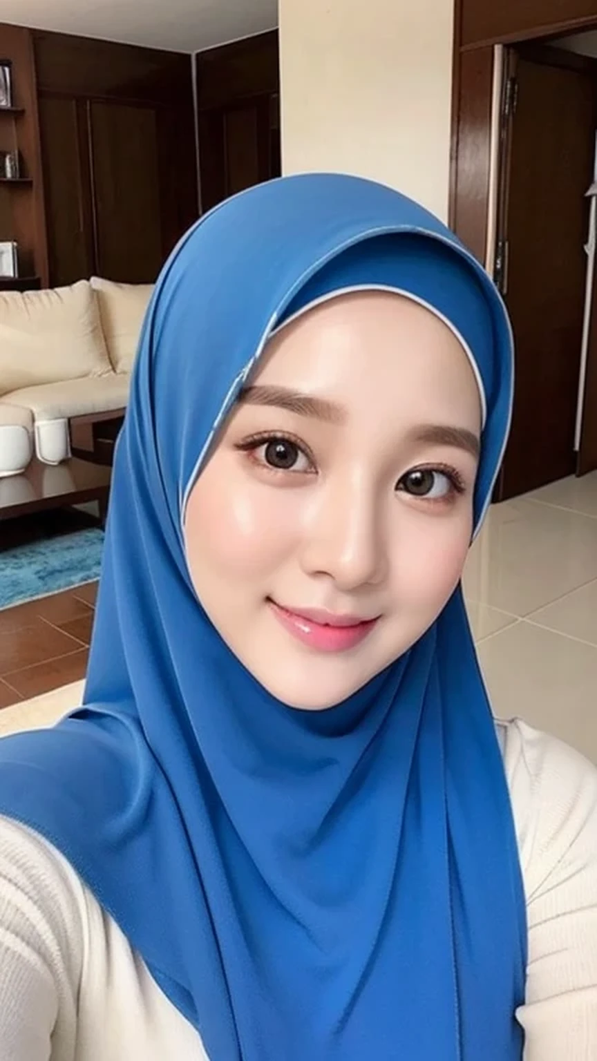Beautuful Women、hijab, indonesian, living room、selfee、white eoom、cute, smile、ultra detailed face, 8K、1 girl, blue, soft