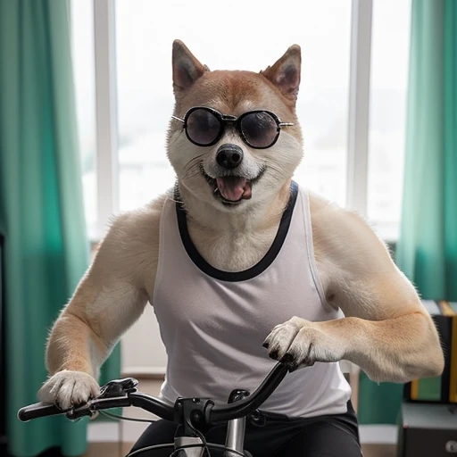 Dog wearing sunglasses and riding a bicycle,muscle,muscle質な体,hairy body,dog&#39;s body,wear a tank top,white tank top,Carrying an Uber Eats backpack,8K,sticker,professional photos [(((buffswoldage))):buffswoldage:8], grin, Dog holding a big hamburger in one hand, dramatic light like a movie, smooth transition, Bokeh high quality studio photo,