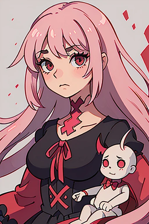 demon, a Victorian doll, logo, elegant, professional art, Blood Red, Soft pink, coral pink, background soft gray, clean design, skeleton, bat, detailed, crisp quality, extremely detailed, soft elegance, depression, fashion, professional quality, 