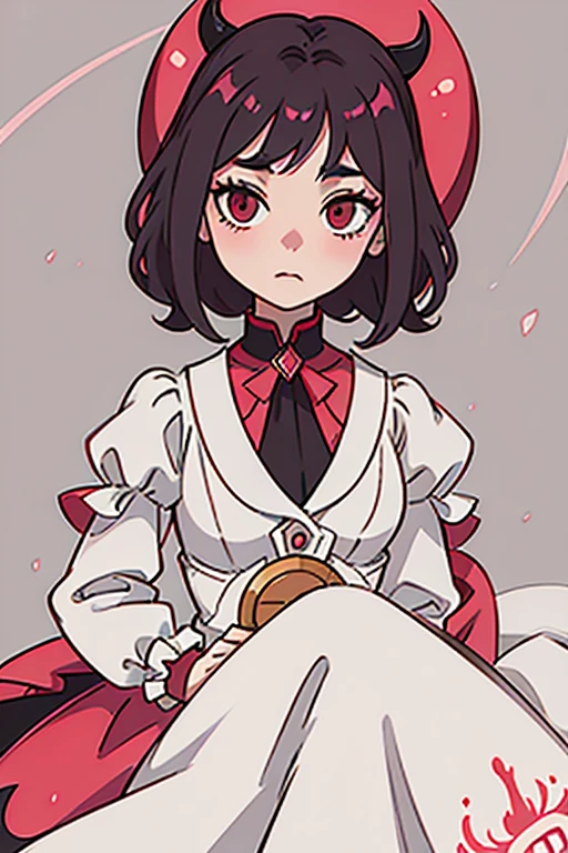 demon, a Victorian doll, logo, elegant, professional art, Blood Red, Soft pink, coral pink, background soft gray, clean design, skeleton, bat, detailed, crisp quality, extremely detailed, soft elegance, depression, fashion, professional quality,